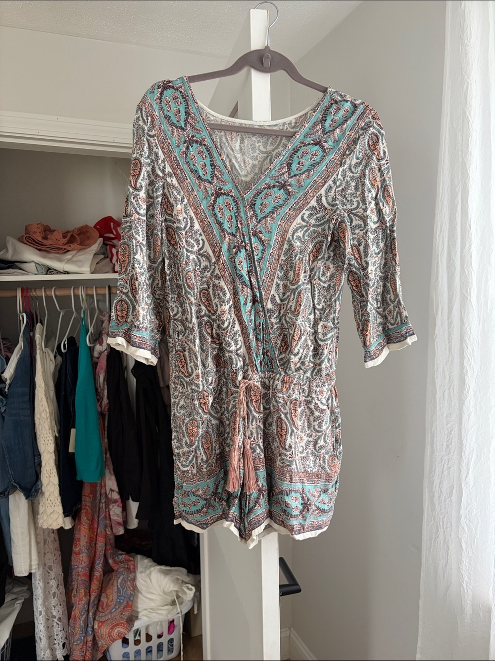 Chelsea and Violet Paisley V-Neck Tunic Romper in Teal and Rust
